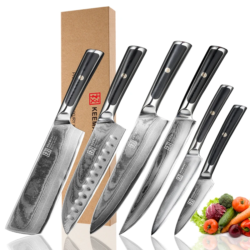 

KEEMAKE Damascus Chef Santoku Cleaver Slicing Utility Paring knife Japanese VG10 Steel Blade G10 Handle 6pcs Kitchen Knives Set