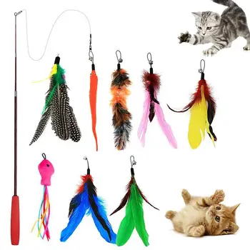 

New 9Pcs Funny Pet Cat Teaser Bell Feather Stretch Fishing Rod Play Toy Plastic Wand Interactive Toy