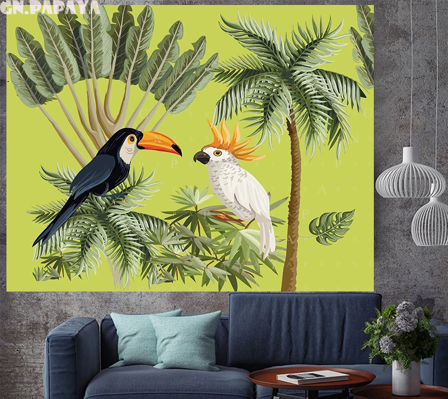 

Nordic Style parrot Summer tropical leaf plantain yellow macrame Tapestry Vintage Retro Polyester Wall Hanging home decor