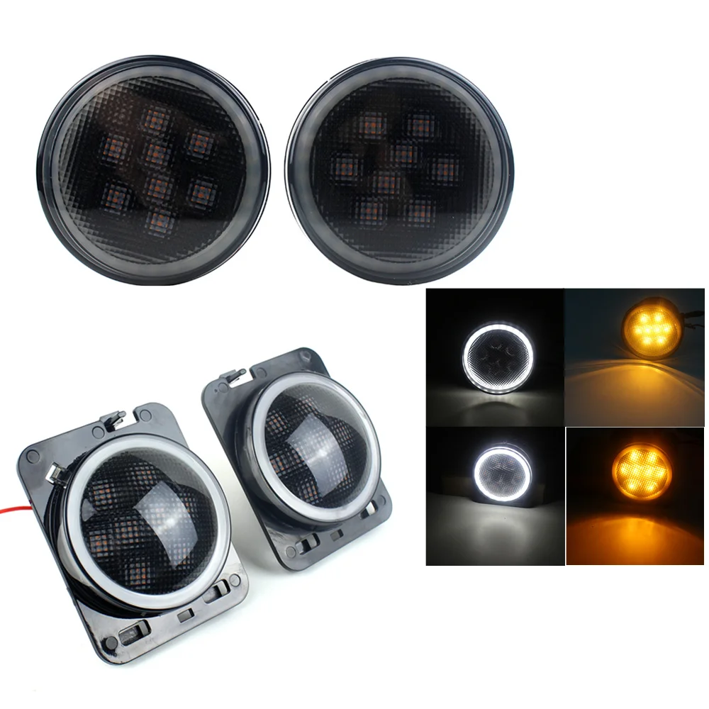 

For Jeep JK Wrangler 07-17 Pair Set LED Side Fender Lights And Front Round Turn Signal Lamp With DRL white led lights