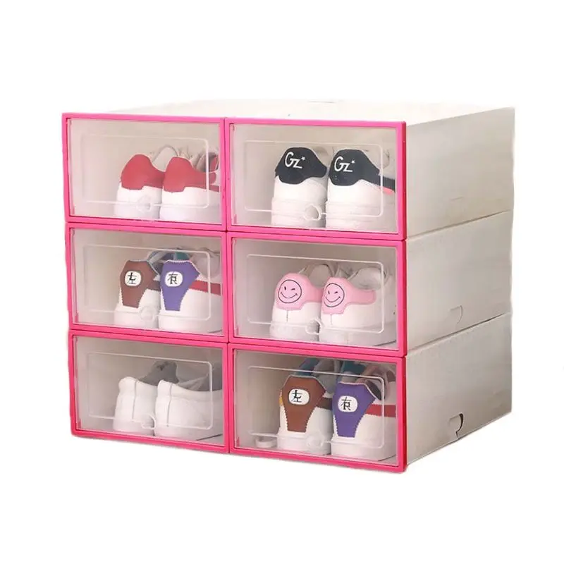 6 шт пластиковая коробка для обуви Складная хорошо складируемая органайзер для обуви чехол для хранения ящика с откидной прозрачной дверью для женщин и мужчин 31,5x21,5x12,5 см - Цвет: Розовый цвет