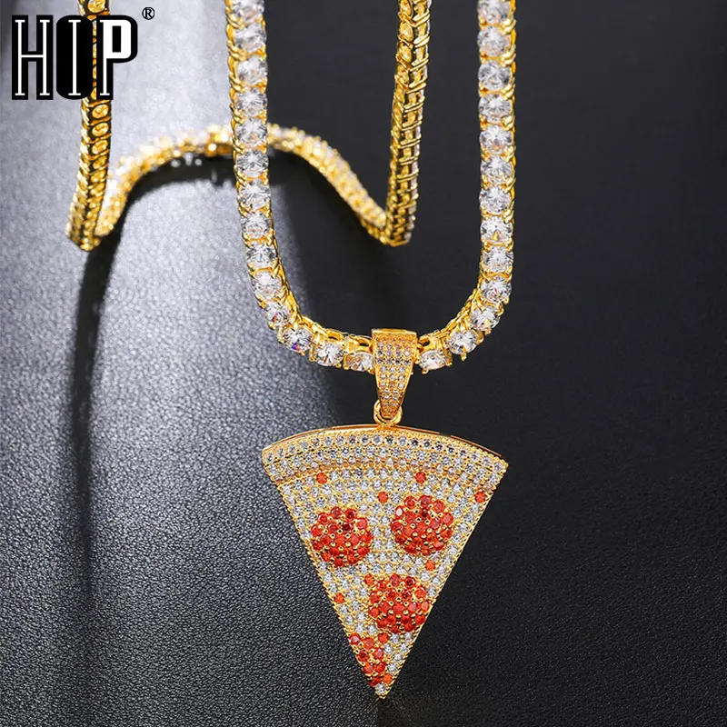 

Hip Hop Cubic Zirconia Iced Out Pizza Shape Copper Micro Paved Zircon Pendant & Necklace For Men Jewelry With Tennis Chain