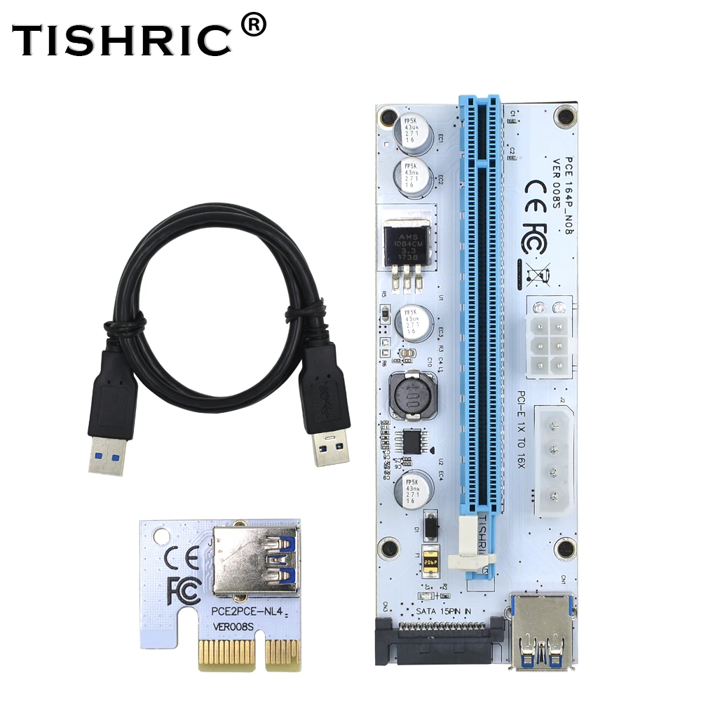10 шт. Райзер-карта PCI-E TISHRIC 008s VER008S 3 в 1 Molex 4Pin SATA 6PIN PCIE PCI Express 1X 16X USB3.0 удлинитель для