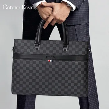 

MEN'S Handbag Leather Briefcase Business Shoulder Bag Presbyopia Black Plaid Package 14 Inch Bag Simple Men's Bag
