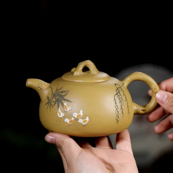 

Yixing Dark-red Enameled Pottery Teapot Raw Ore Section Clay Painting Interest In Life Pot Flower Organ Teapot