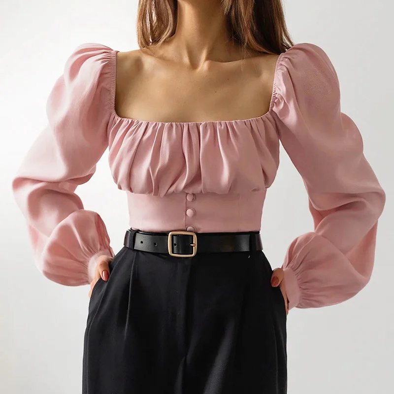 

2021 Spring and Autumn Va Va Voom Square Collar Bubble Sleeve Folding Chest Topol Elegant Lady Slim-fit Pink Tops Kawaii Shirts