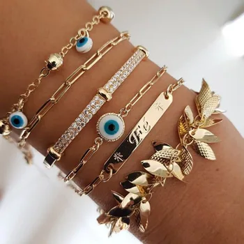 

Popular Accessories Exotic Personality Zircon Opening Bangles Leaf Eye Bracelet Tassel Pendant Bracelet 6 Piece Set Hand Chain