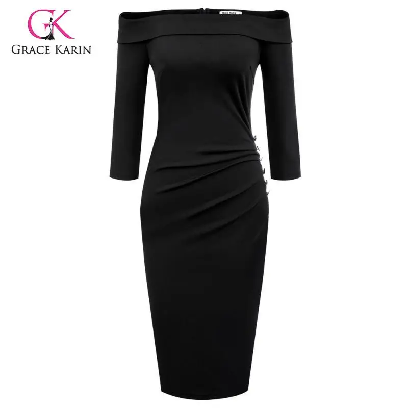 

Grace Karin Sexy Women's Off Shoulder Pencil Dress 3/4 Sleeve Hips-Wrapped Pleated Waist Metal Button Decorated Party Slim Fit