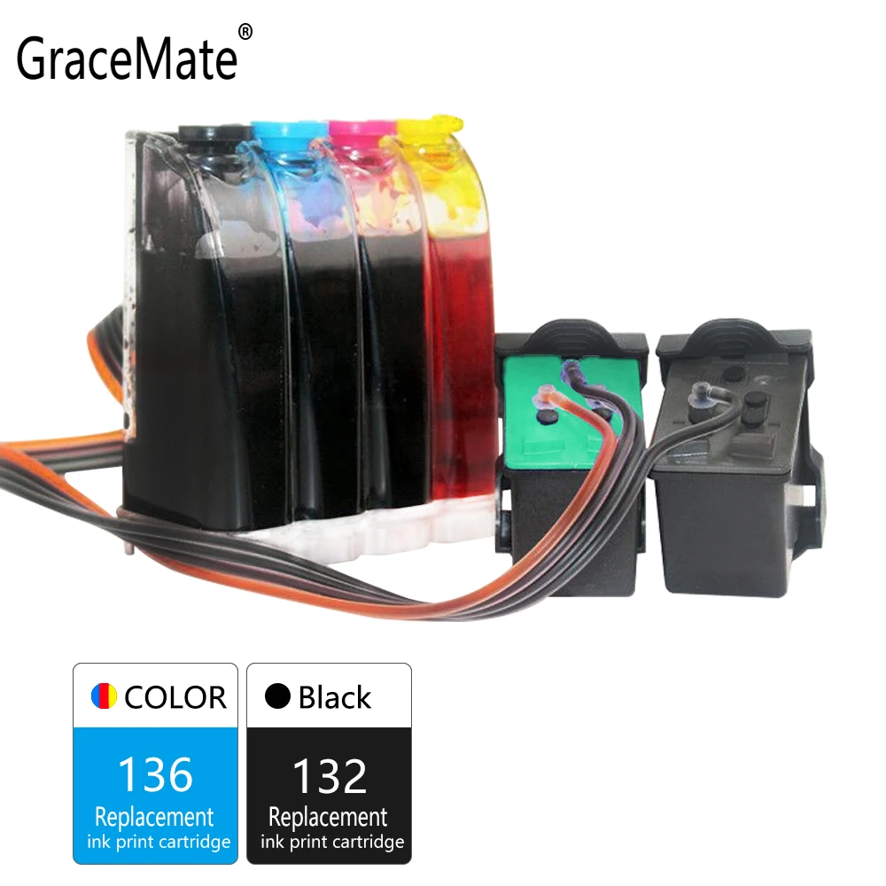 

GraceMate 132 136 CISS Bulk Ink Replacement for HP 132 136 for Photosmart 2573 C3183 1513 Officejet 6213 5443 D4163 1513 Printer