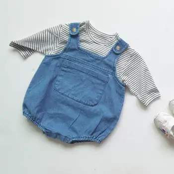 

Newborn Baby Boys Girls Clothes Set Sleeveless Baby Denim Bodysuits Overalls And Long Sleeve T Shirt Striped Tops Kids Jumpsuit