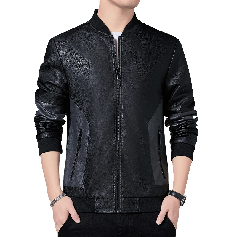 

Mens Patchwork Leather Jacket Stand Collar Jackets Motorcycle Lightweight Faux Leather Warm Outwear