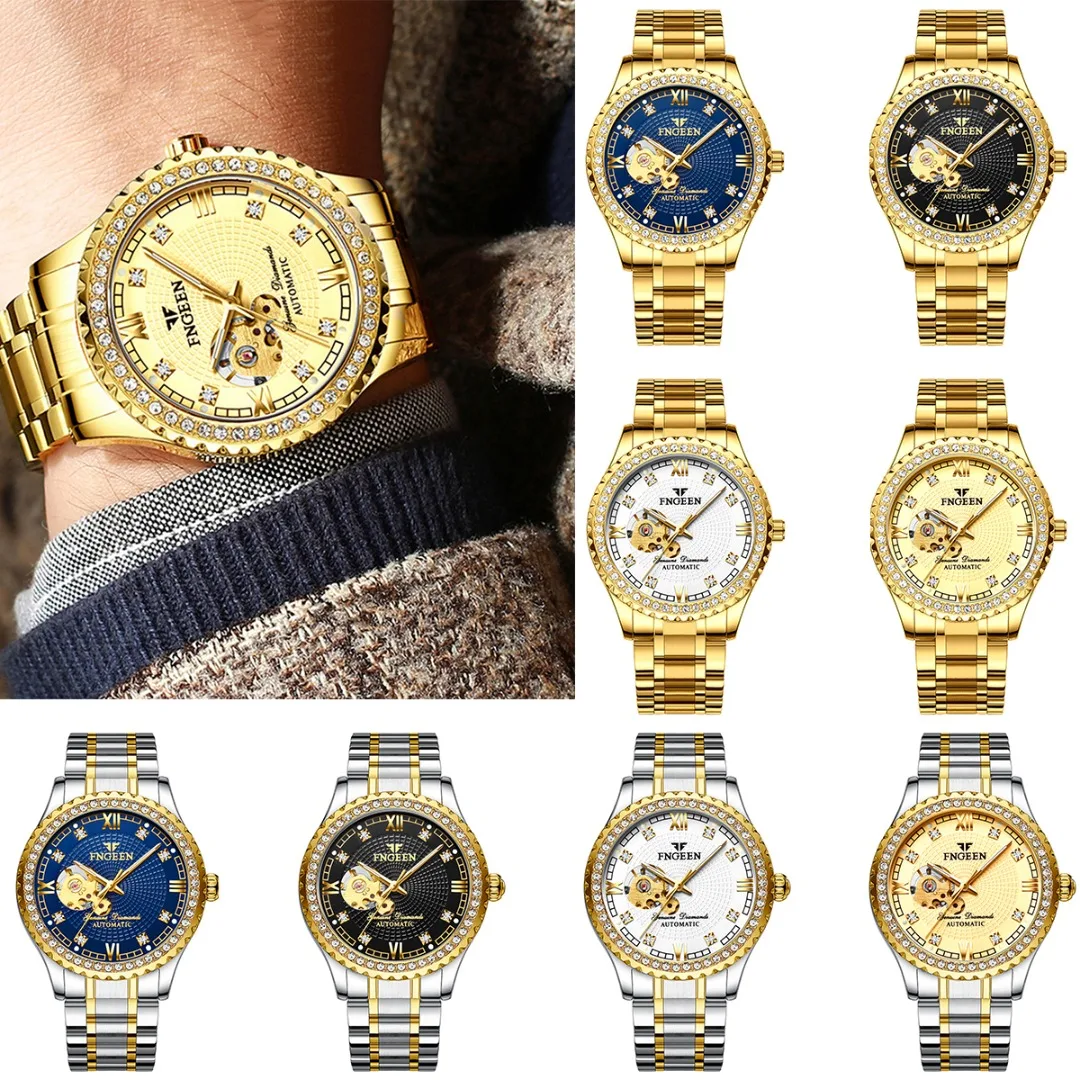 

Mens Automatic Mechanical Watches Luminous Hands Rhinestone Luxury Watch Steel Band Waterproof Mechanical Watch Montre Homme