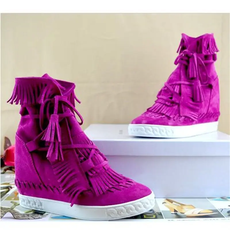 

Tassel Tail Ankle Round Toe Fringed Boots Lace Up Suede Leather Women Casual Wedges Heels Short Bottines