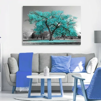 

Large Print Painting Tree Teal Turquoise Leaves Canvas Art Ornament Living Room