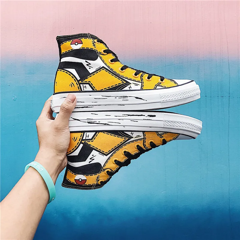 

2019 Paragraph Four Seasons Graffiti Pikachu Hight-top Canvas Shoes Men's Breathable Students Vulcanized Shoes Street Cool Trend