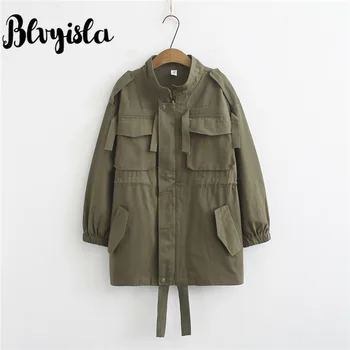 

Blvyisla Letter Printed Army Green Oversize Trench Coat Female Loose Big Pocket Winter Warm Windbreaker Tops Outwear