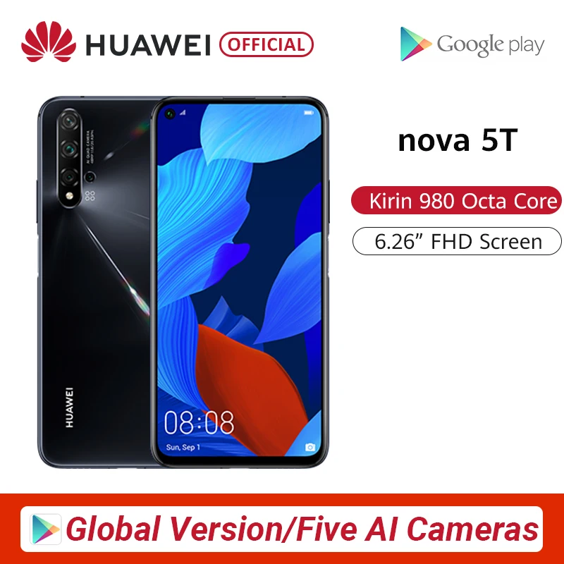 Глобальная версия huawei Nova 5 T 5 T 8GB 128GB смартфон 48MP камера s 32MP фронтальная камера 6,26 ''полный экран Kirin 980 Android 9 Скидка 600 руб. /. При заказе от 5500 руб. /Промокод: newyear600 / Количес