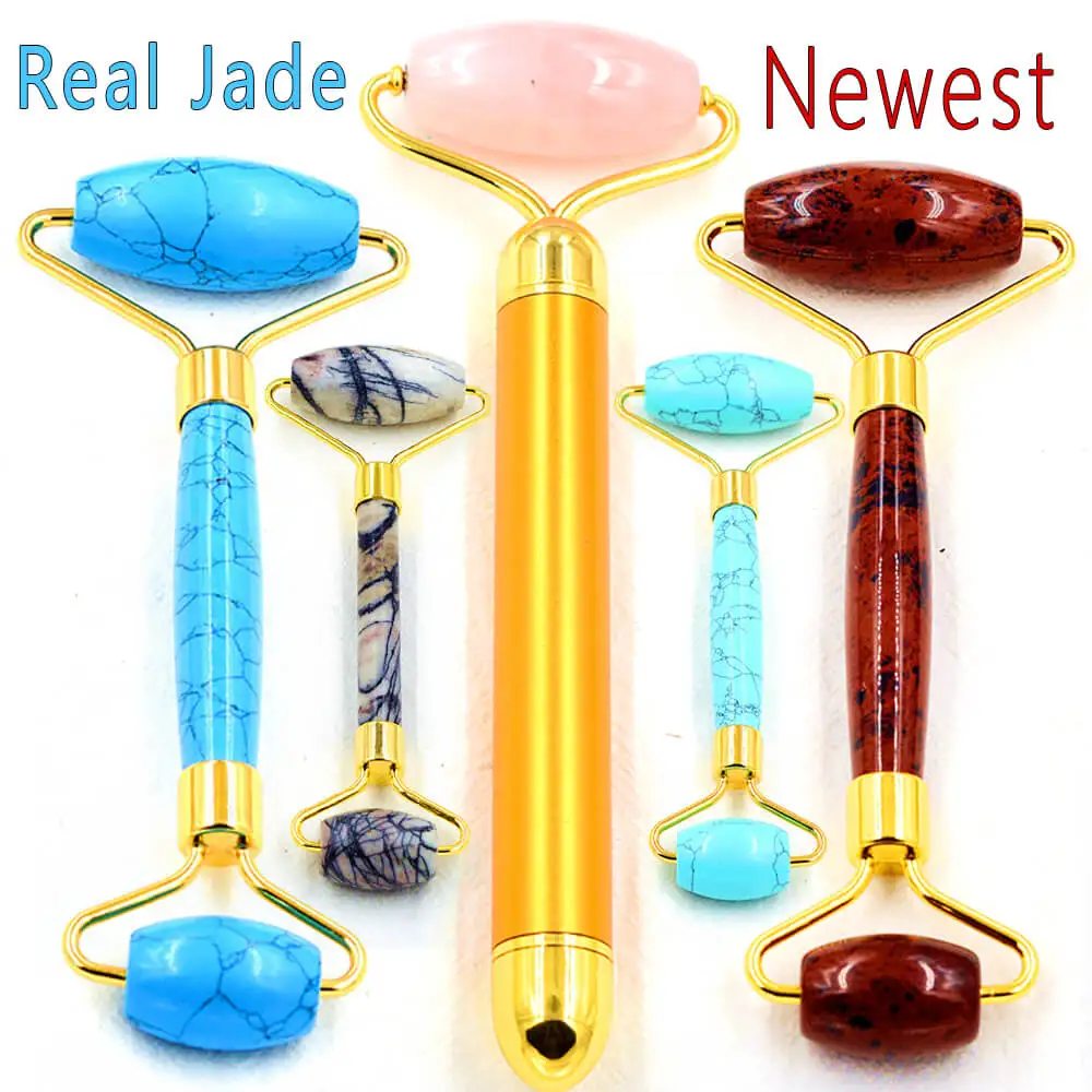 

100% Natural Jade Roller Massage Electric Facial Thin Massager For Face Skin Pink Rojo Rosa Gem Stone Lover Gift Drop Shipping