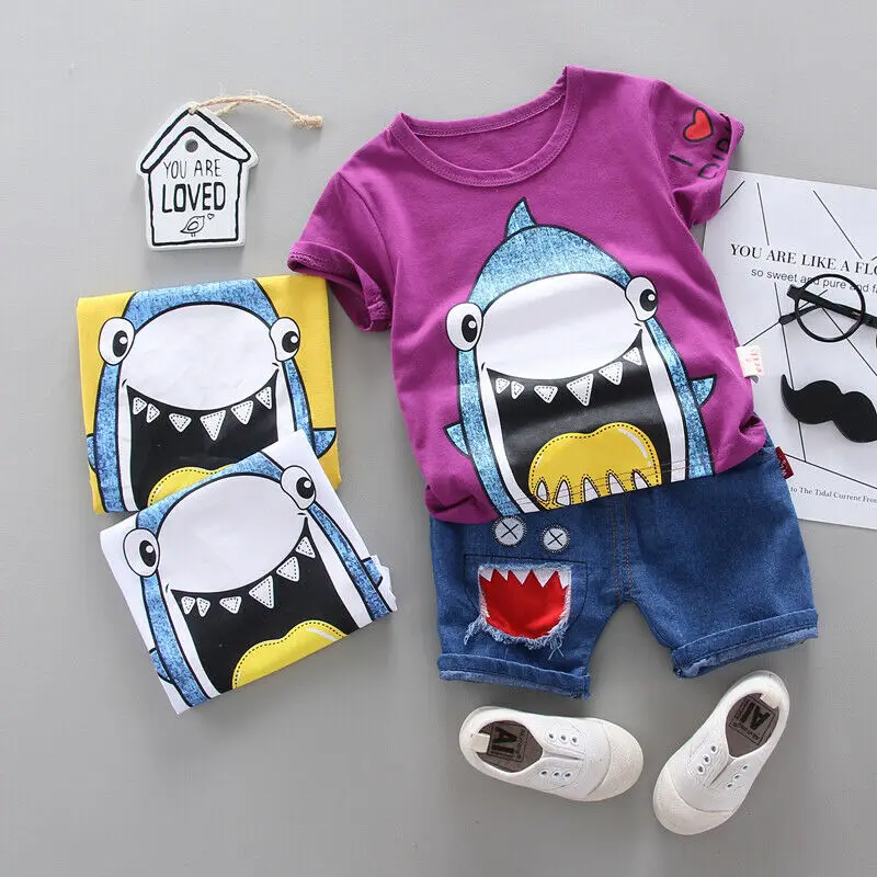 UK Summer Baby Boys Clothes T shirt Tops+Short Denim Pants+Headband Outfits Set 1 4TClothing