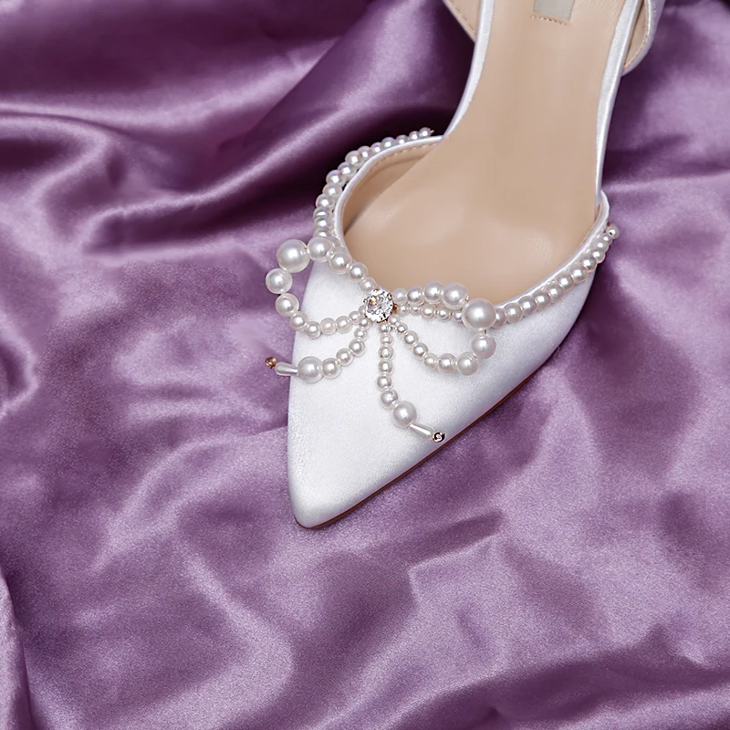 

Autumn new style Baotou silk satin elegant white bridal wedding shoes female pearl bow sweet stiletto banquet dress sandals