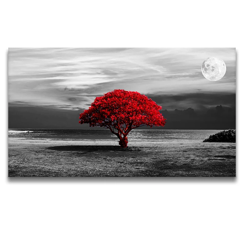 Large Black and White Picture Wall Art Framed Canvas Print Red Tree Bench...