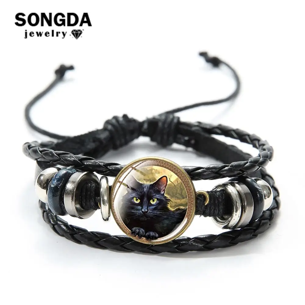

SONGDA Gothic Wicca Black Cat Charm Bracelet Magic Amulet Pentagram Wiccan Punk Retro Leather Bracelet Adjustable Witch Jewelry