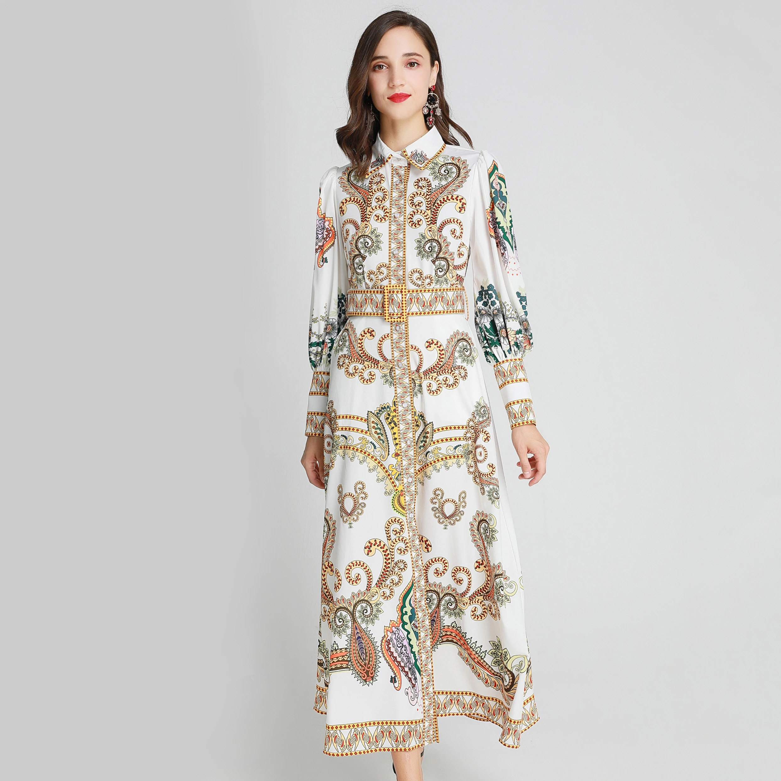 

Designer Women Dresses Bohemia Style Print Long Sleeve Dress Spring Autumn Elegant lapel belt Embroidery Banquet Long Dresses