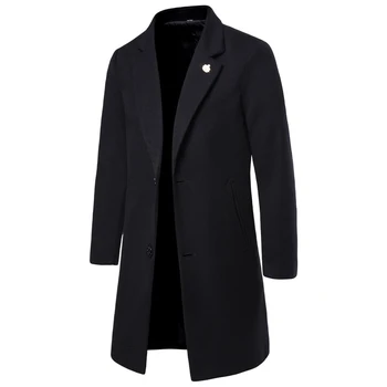 

Stylish Brooch Men's Black Woolen Coat Brand New Solid Long Trench Coats for Male Casual Slim Fit Winter Autumn Abrigo Hombre