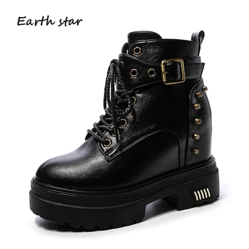 

2019 Autumn Female Fashion botas mujer Increased Shoes Women Martin Boots Rivets Real Leather Ladies footware Cross-tied Boots