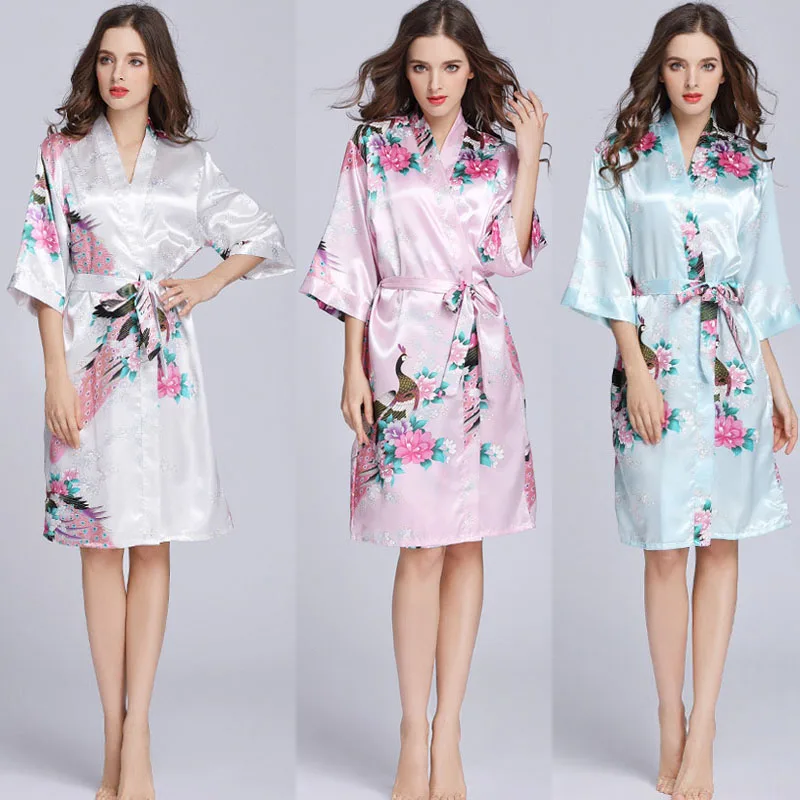 Women´s Satin Robe Kimono Dress Summer Sexy Gown Half Sleeve Floral Print Sleepwear Mini Night Dress Bathrobe