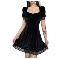 Dark Gothic Vintage Black Mini Dresses Women Lace A Line High Waist Pleated Partywear Dress 1