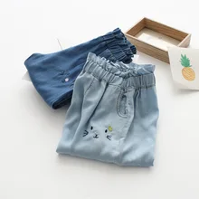 Летние эластичные леггинсы с вышивкой котенка из мультфильма; джинсы в Корейском стиле; детская одежда; коллекция 30605 года; 19