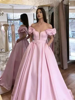 

Elegant New Arrival Pink Off Shoulder Muslim Evening Dress Satin Prom Gown Dubai Kaftan Saudi Arabic Formal Dress Robe De Soiree
