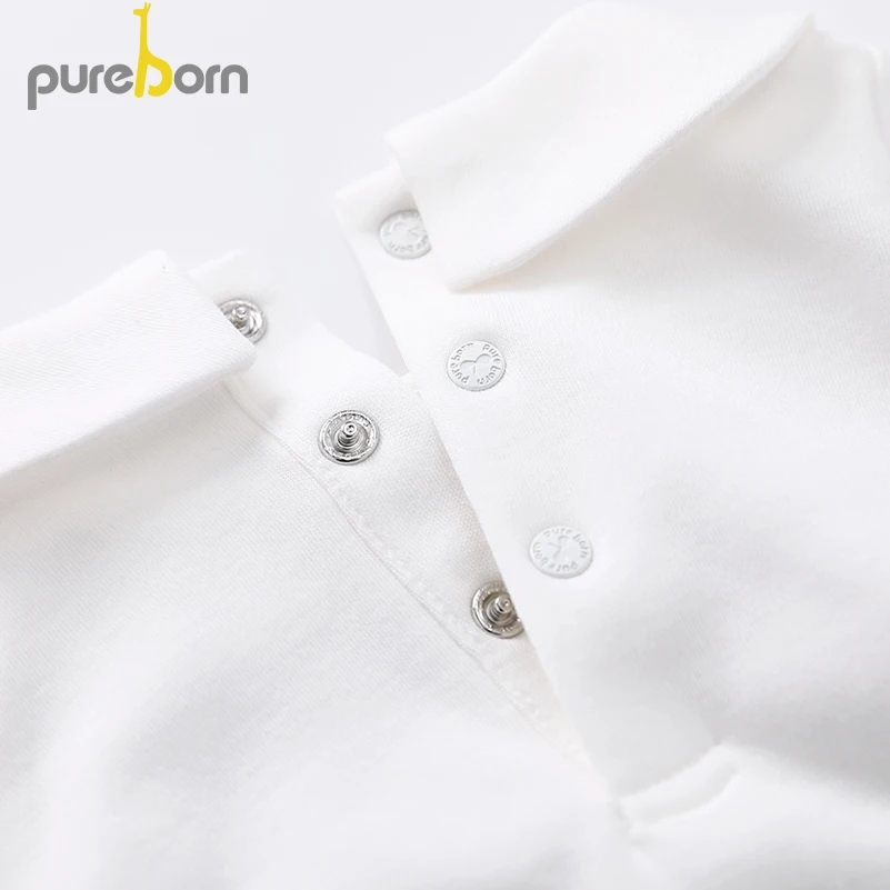 Pureborn Newborn Baby Bodysuit Peter Pan Collar Long Sleeve Jumpsuit Boys Girls Infant Outfits Solid Cotton Bapstim Costume