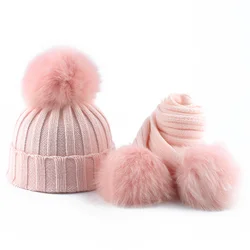 Baby Winter Hat And Scarf For Girls Boys Children Real Fox Fur Pompom Knitting Beanie Hats Kids 3 pieces Pom Hat