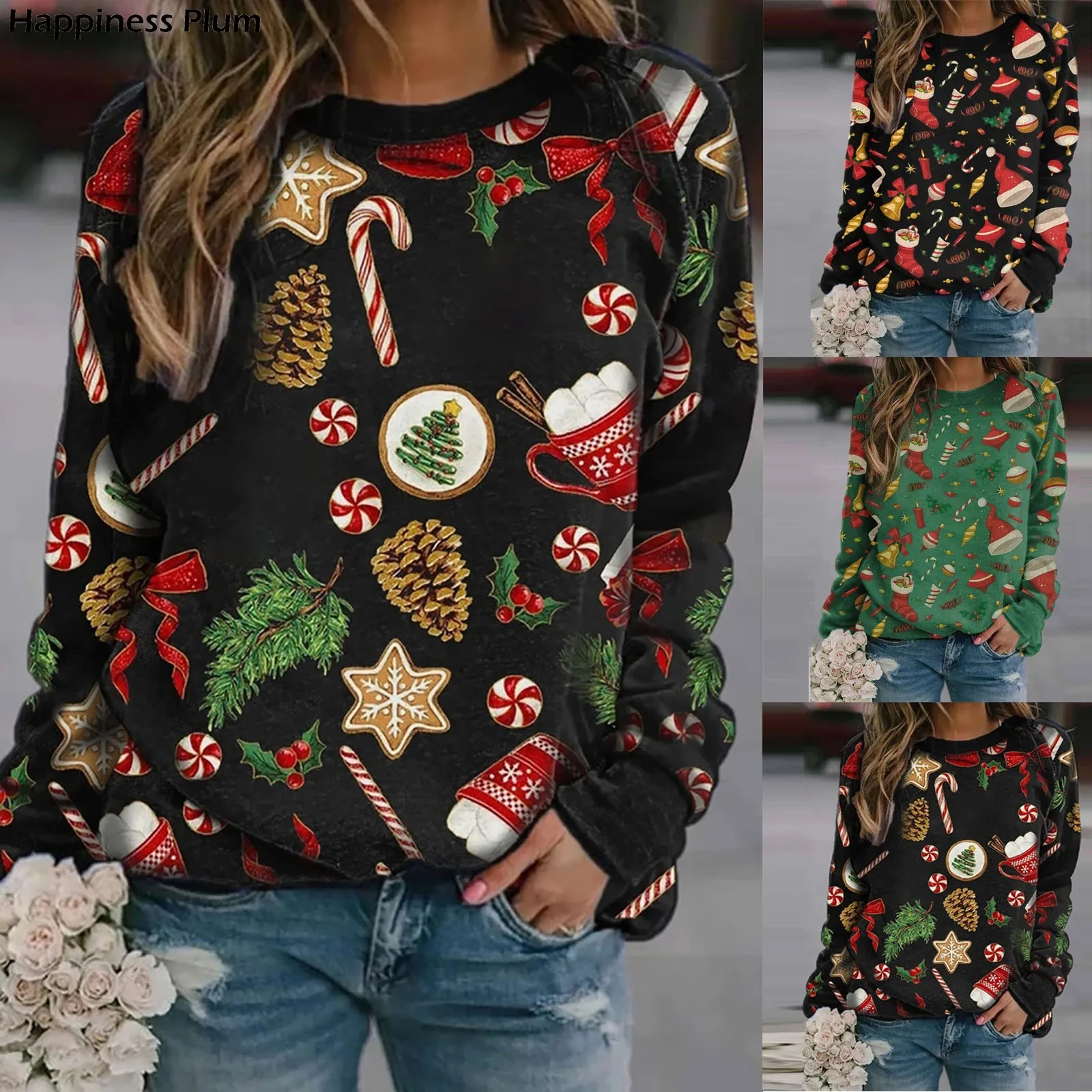 

Women Casual Christmas Printing Plaid Raglan Long Sleeve Shirts Blouse Tops christmas sweater christmas clothes 2020