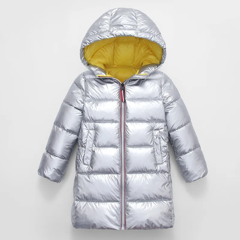 Детский зимний теплый пуховик для девочек, одежда серебряное пальто для мальчиков, водонепроницаемая куртка с капюшоном, верхняя одежда, детская парка - Цвет: silver