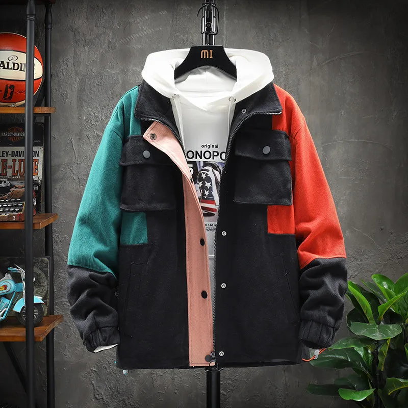

Hip Hop Style Casual Color Block Outerwear Jacket Multi Pocket Work Jacket Men