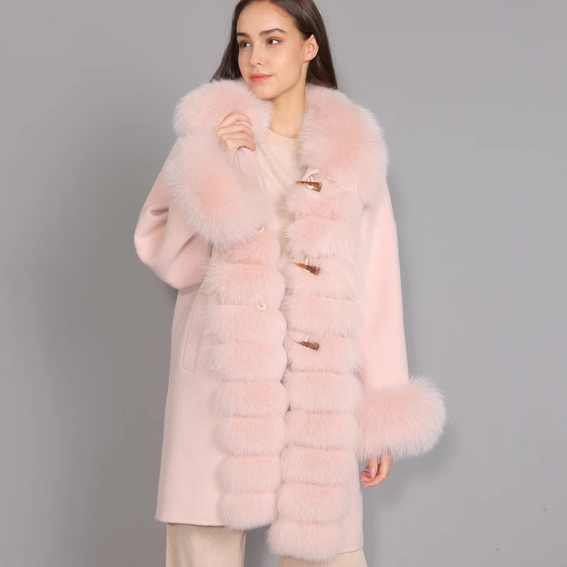 MAOMAOFUR кашемировое пальто Женская длинная стильная синяя Розовая Одежда с воротником из натурального меха лисы одежда в полоску Женская шерстяная куртка