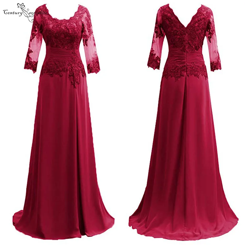 Bourgondië Moeder Van De Bruid Jurken Lange Mouwen Formele Gowns Kant Applicaties Pleats O-hals Chiffon Bruiloft Gast Dress 2020 Bourgondië Moeder Van De Bruid Jurken Lange Mouwen Formele Gowns Kant Applicaties Pleats O-hals Chiffon Bruiloft Gast Dress 2020