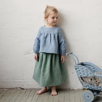 Chic Back Bow Tie Linen Shirt Girls 2024 New Solid Color Casual Loose Baby Kids Long-Sleeved Blouse Autumn Clothes 5