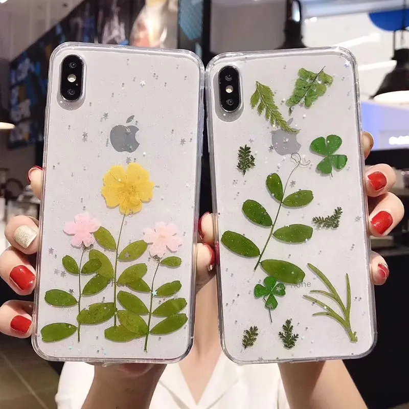 

Dried Flower Cases For iPhone XR X XS Max Transparent Soft TPU Back Cover Real Dried Green Leaf Case For iPhone XR 6 6S 7 8 Plus