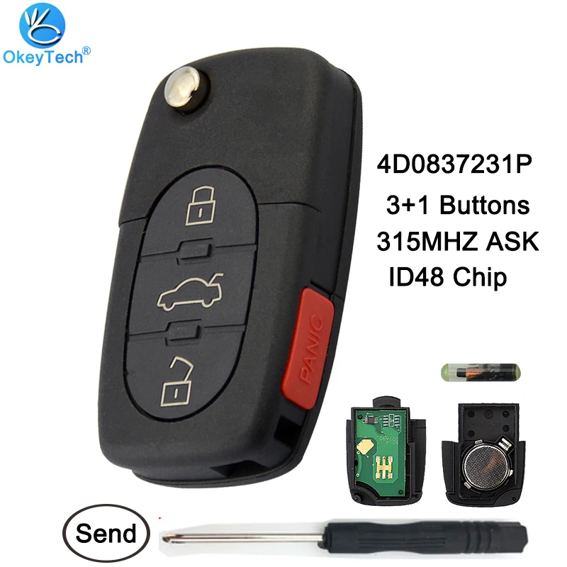 

OkeyTech Remote Key 315MHZ With ID48 Chip For Audi A4 A6 A8 S4 S6 S8 4 Button 4D0837231P Uncut HU66 Blade Flip Replacement Key