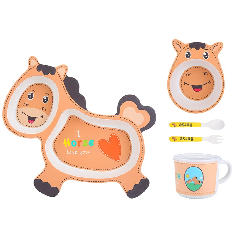 Baby Tableware Cartoon Children Feeding Dishes Kids Dish Bamboo Fiber Dinnerware Set with Bowl Fork Cup Spoon Plate 5Pcs pony | Дом и сад