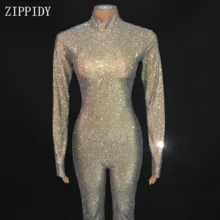 Полный Блестящий AB Стразы телесного цвета комбинезон с длинными рукавами боди, декорированное камнями вечерние для выступлений роскошный сексуальный костюм танцевальный наряд