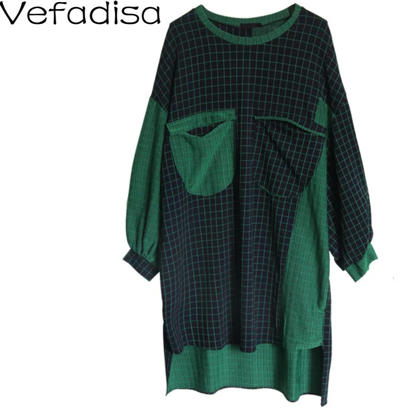 Vefadisa Autumn Pockets Plaid Patchwork Irregular Dress Green O-Neck Pullover Long Sleeve Loose Woman 2019 QYF596 | Женская одежда