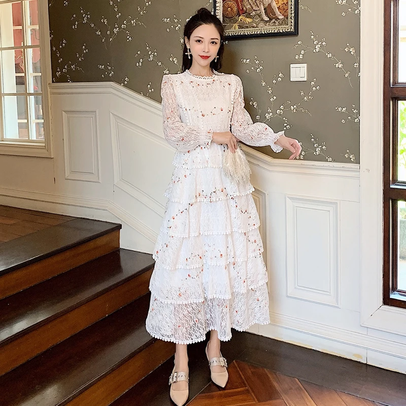 【AAKE】LACE FRILL LONG SK JSXDHK Vintage Layer Ruffles Lace Maxi Dress Runway Spring