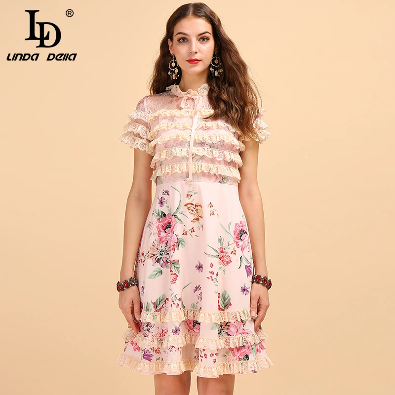 

LD LINDA DELLA Runway Fashion Summer Cupcake Dresses Women's Lace Mesh Splice Floral Printed Elegant Casual Holiday Midi Dress