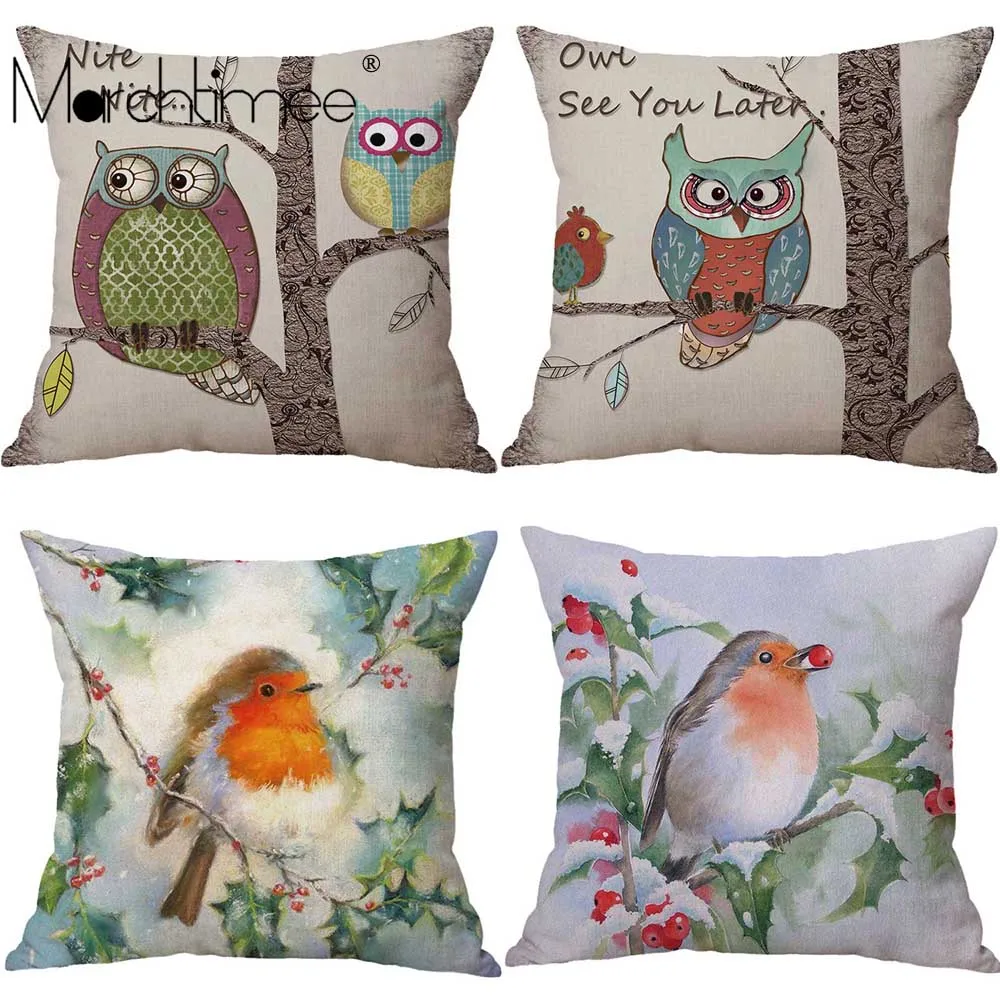 

Owl Family Print Cushion Cover Cartoon Bird Pillow Case Linen 45X45 CM Throw Pillow Cover For Home Office Car Chair Decoration