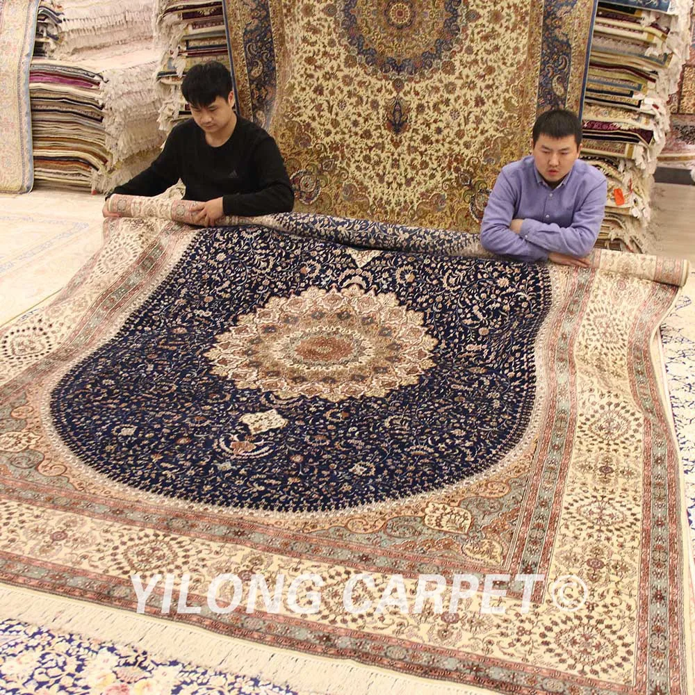 YILONG 8 'x 10' синий медальон ручной работы Шелковый персидский ковер для гостиной